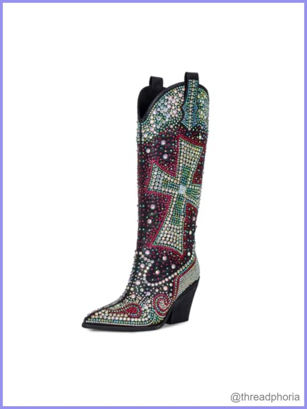 Rhinestone Cowboy Boots Knee High Western Faux Leather Pointed Toe Block Heel